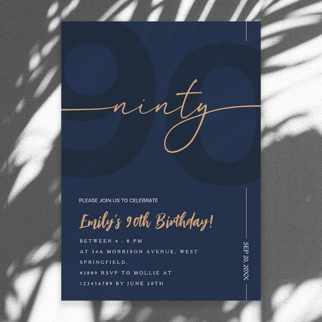 Modern Blue Navy & Gold 90th Birthday Invitation (Creator Uploaded)