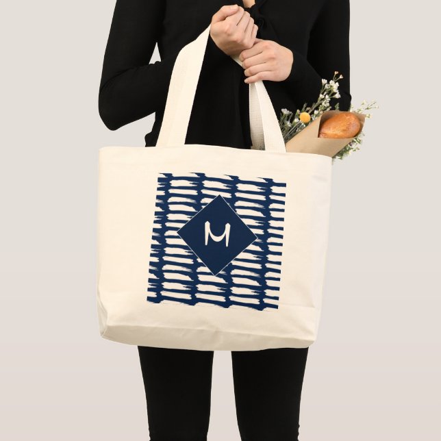 Modern Blue Navy Stripes Monogram Personalize  Large Tote Bag (Front (Product))