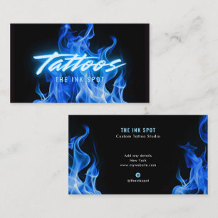 Modern Blue Neon Flames Tattoo Artist Business Card