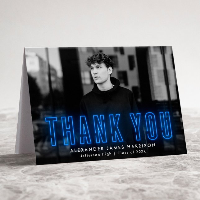 Modern Blue Neon Photo Graduation Thank You Card (Creator Uploaded)