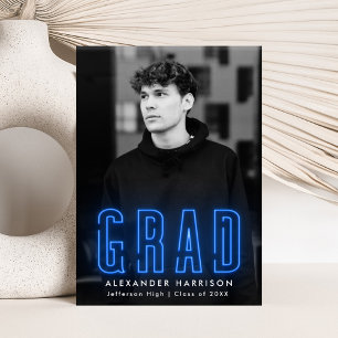 Modern Blue Neon Vertical Photo Graduation Announcement