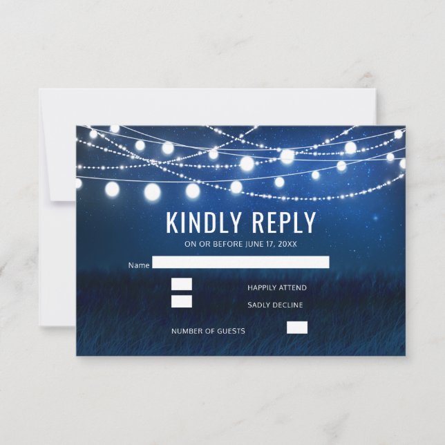 Modern Blue Night & String Lights Wedding RSVP Card (Front)