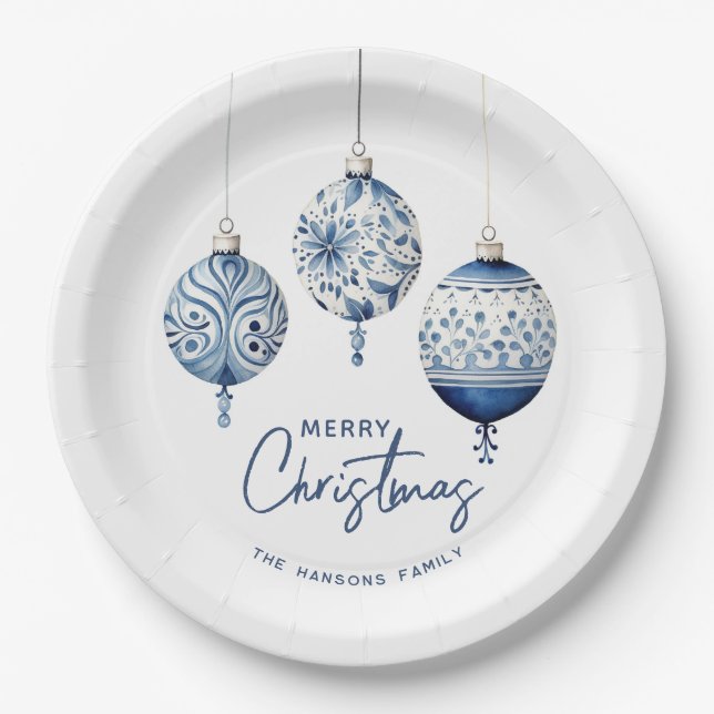 Modern Blue Nordic Style Ornaments Merry Christmas Paper Plate (Front)