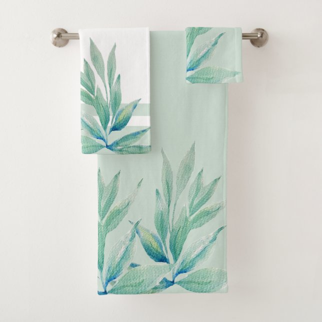 Modern Blue Ocean Plants Watercolor Bath Towel Set (Insitu)