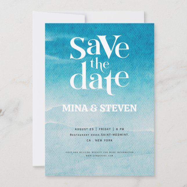 Modern blue ocean Watercolor wedding  Save The Date (Front)