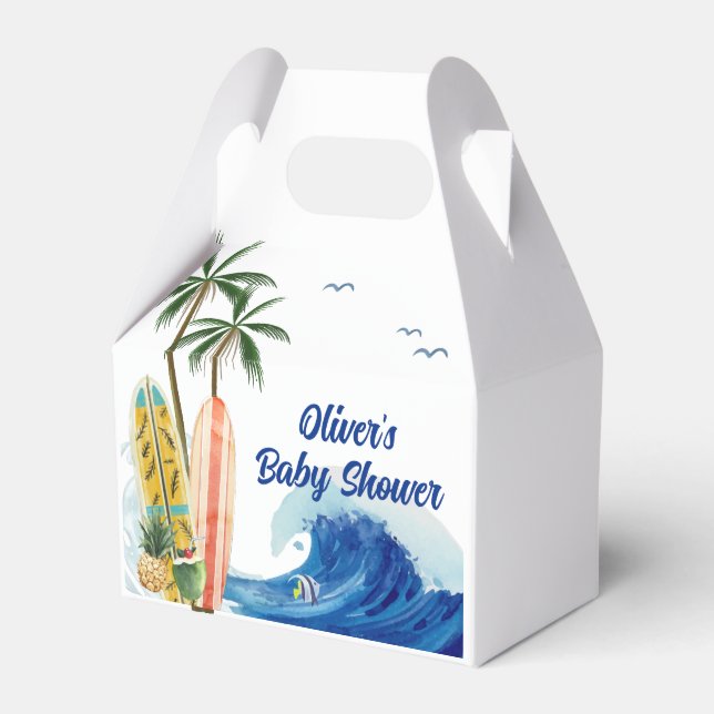 Modern Blue Ocean Wave Surfboard Baby Shower  Favor Box (Front Side)