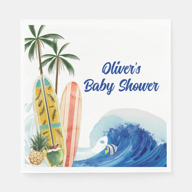 Modern Blue Ocean Wave Surfboard Baby Shower  Napkin (Front)