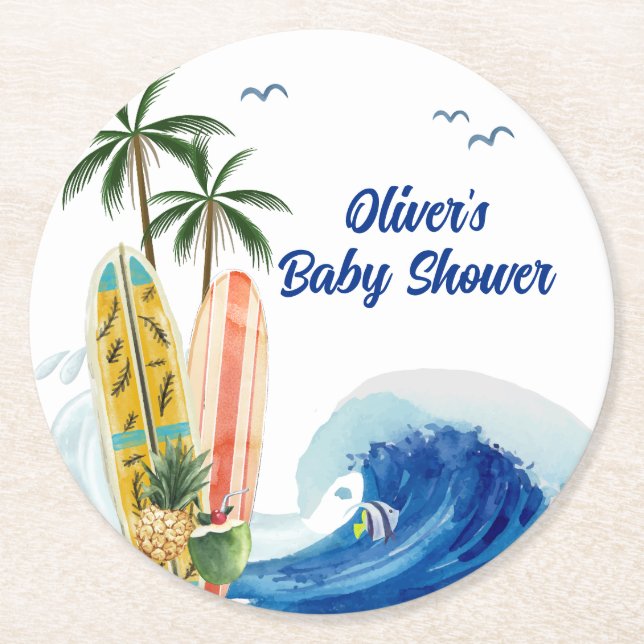 Modern Blue Ocean Wave Surfboard Baby Shower  Round Paper Coaster (Front)