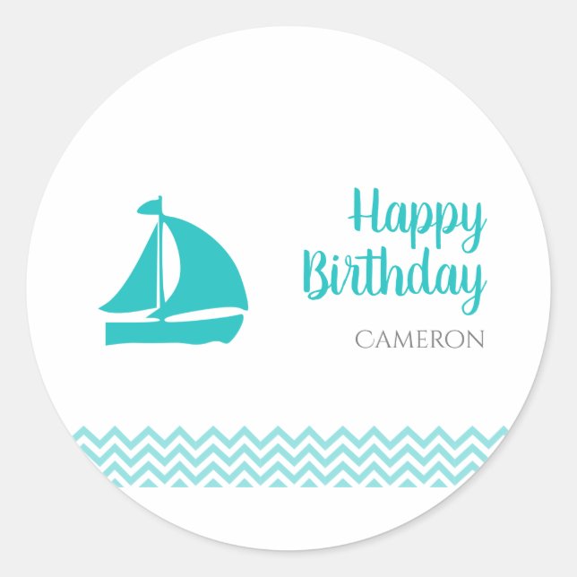 Modern Blue Ocean Waves Birthday Classic Round Sticker (Front)