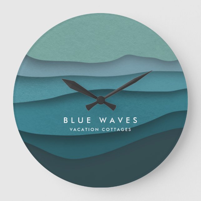Modern Blue Ocean Waves Large Clock (Front)