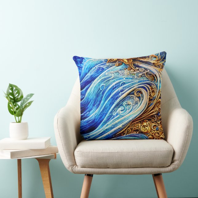 Modern Blue Ocean Waves Notebook Throw Pillow (Chair)