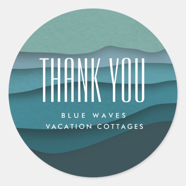 Modern Blue Ocean Waves Thank You Classic Round Sticker (Front)