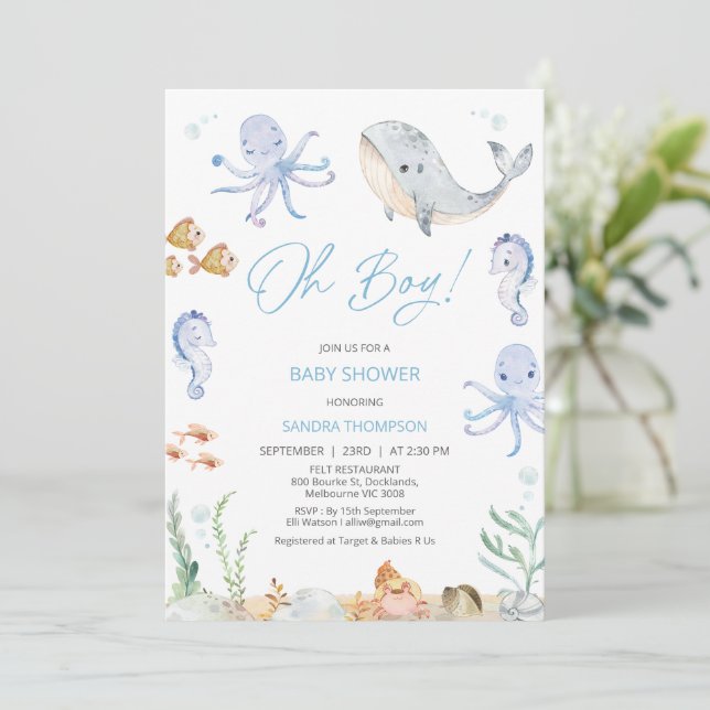 Modern Blue Oh Boy Under Sea Baby Shower Invitation (Standing Front)