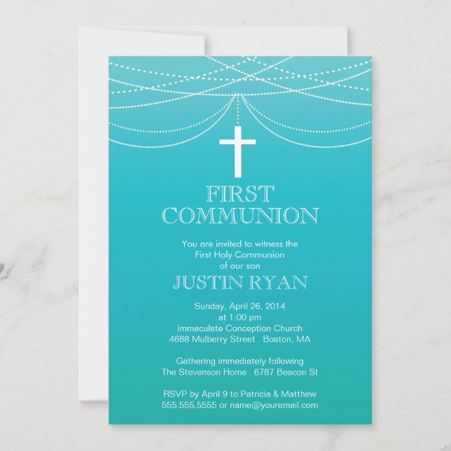 Modern Blue Ombre Garland Cross Boy Communion Invitation (Front)