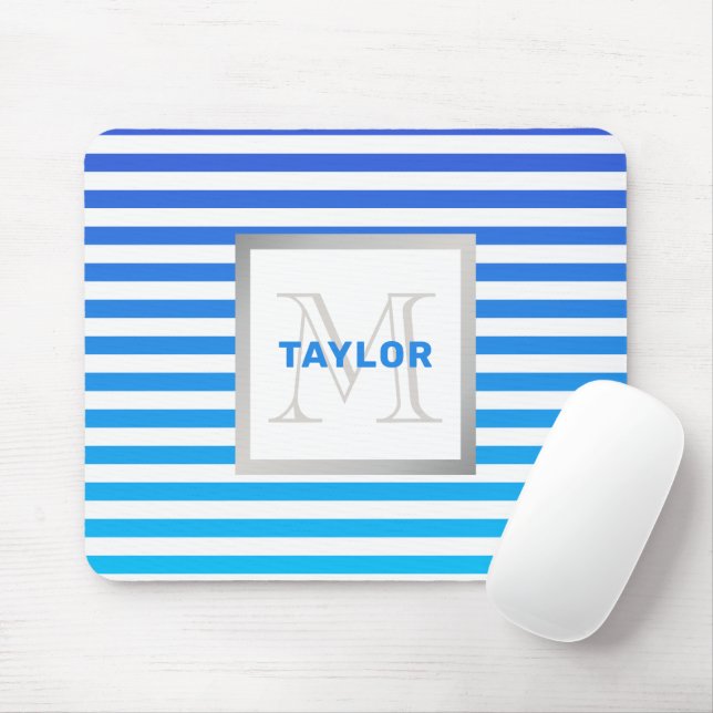 Modern Blue Ombre Stripes With Name Monogram Mouse Pad (With Mouse)