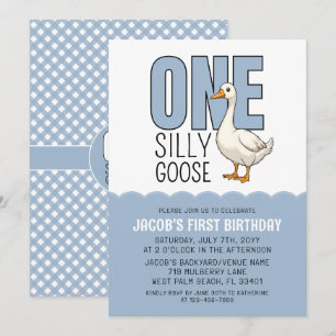 Modern Blue One Silly Goose 1st Birthday Party Invitation