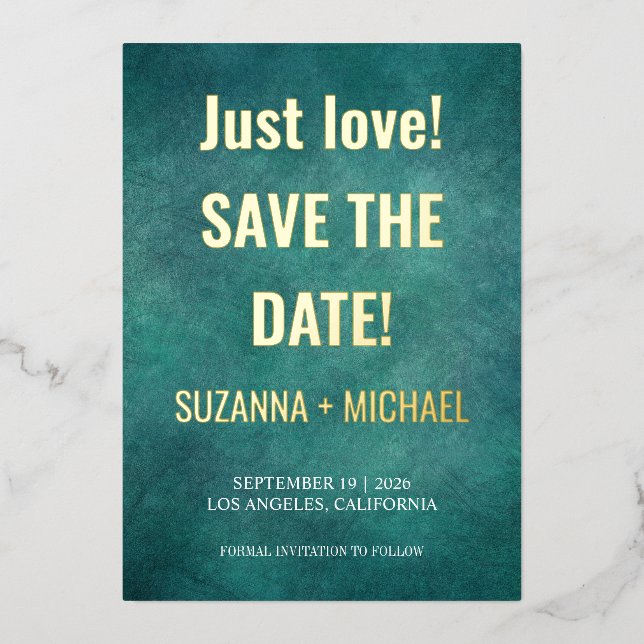 Modern blue, only love, save the date foil invitat (Front)