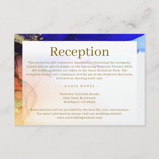 Modern Blue Orange Gold Wedding Enclosure Card (Front)