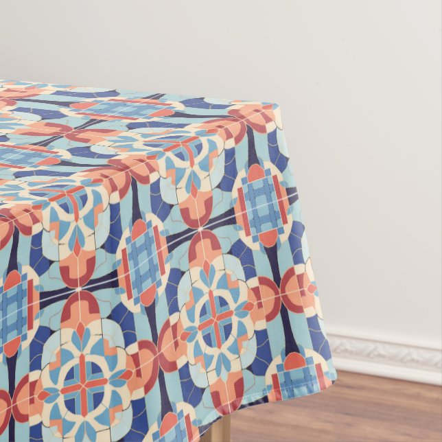 Modern Blue Orange Graphic Tile Pattern Tablecloth (In Situ)