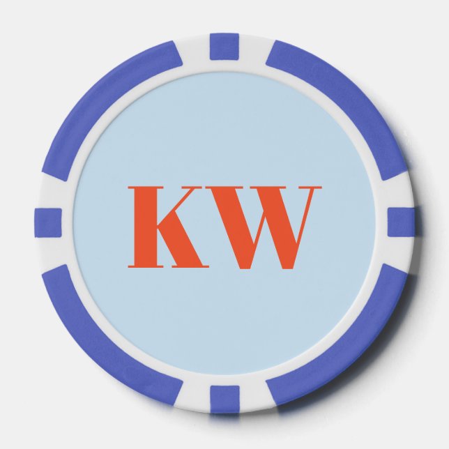 Modern Blue Orange Monogram Initials Personalized Poker Chips (Front)