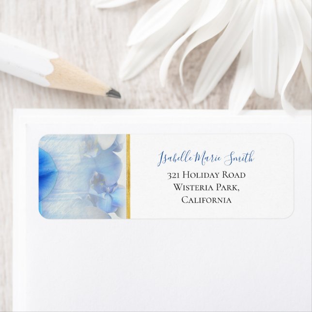 Modern Blue Orchid Floral Gold Border Wedding (Insitu)