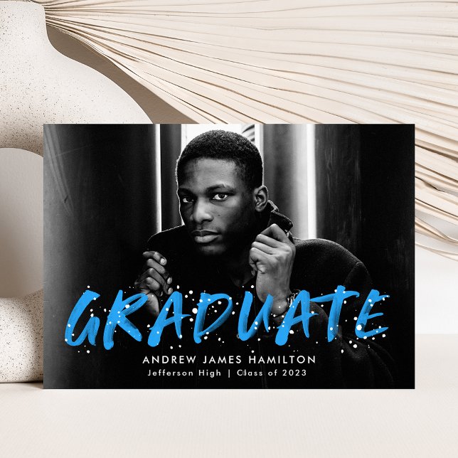 Modern Blue Paint Splatter Photo Graduation Announcement (Creator Uploaded)