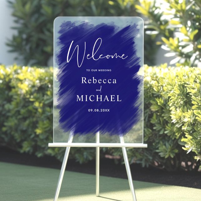 Modern blue painted monogram wedding welcome  acrylic sign (Creator Uploaded)