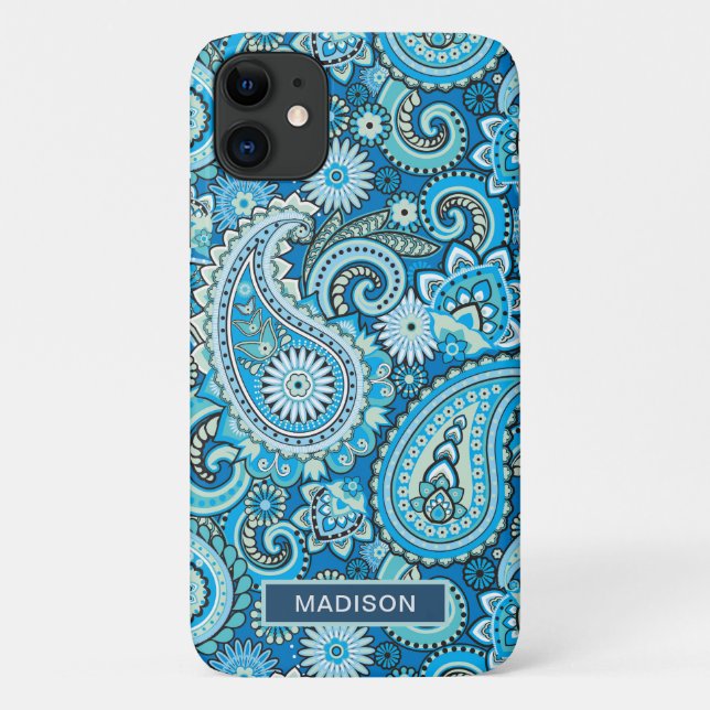 Modern Blue Paisley Pattern Personalized Name Case-Mate iPhone Case (Back)