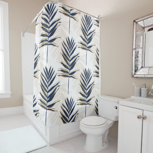 Modern Blue Palm Leaves Gold Strokes White Design (In Situ)