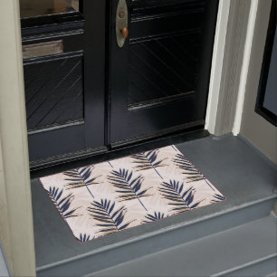Modern Blue Palm Leaves Gold Strokes White Design Doormat