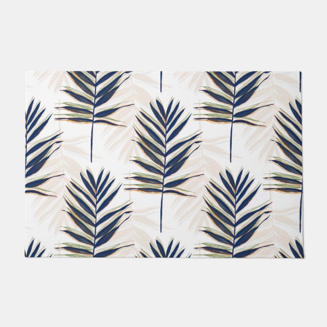 Modern Blue Palm Leaves Gold Strokes White Design Doormat (Front)