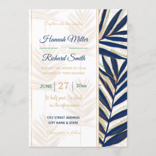 Modern Blue Palm Leaves Gold Strokes White Design Invitation