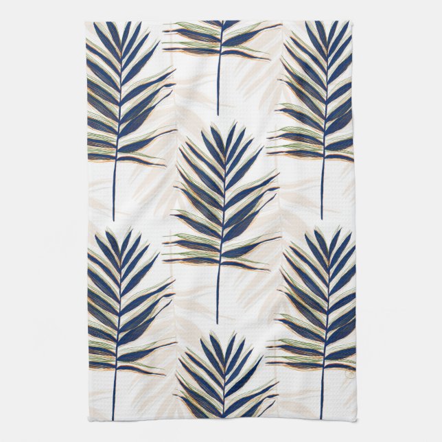 Modern Blue Palm Leaves Gold Strokes White Design Kitchen Towel (Vertical)