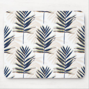 Modern Blue Palm Leaves Gold Strokes White Design Mouse Pad