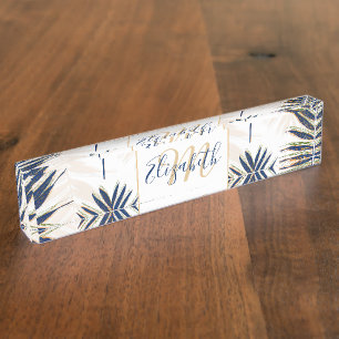 Modern Blue Palm Leaves Gold Strokes White Design Nameplate