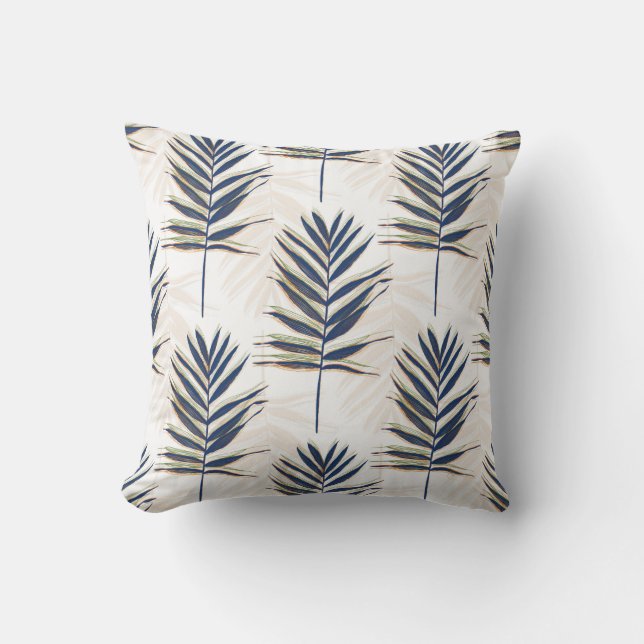 Modern Blue Palm Leaves Gold Strokes White Design Outdoor Pillow (Front)