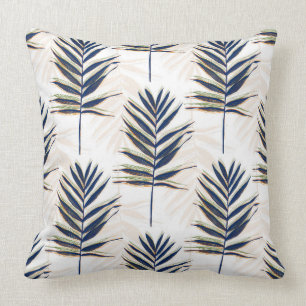 Modern Blue Palm Leaves Gold Strokes White Design Throw Pillow