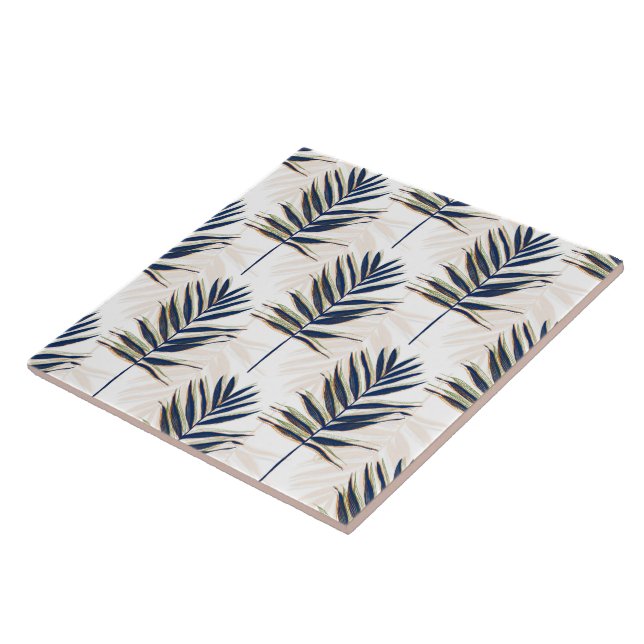 Modern Blue Palm Leaves Gold Strokes White Design Tile (Side)