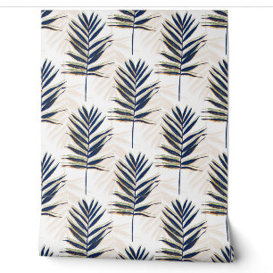 Modern Blue Palm Leaves Gold Strokes White Design Wallpaper