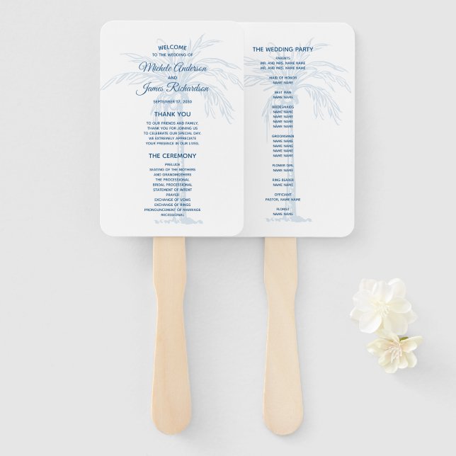 Modern Blue Palm Tropical Beach Wedding Program Hand Fan (Front and Back)