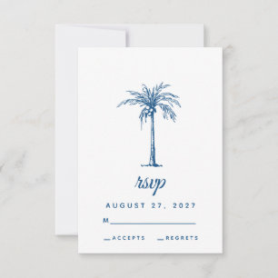 Modern Blue Palm Tropical Beach Wedding RSVP Card