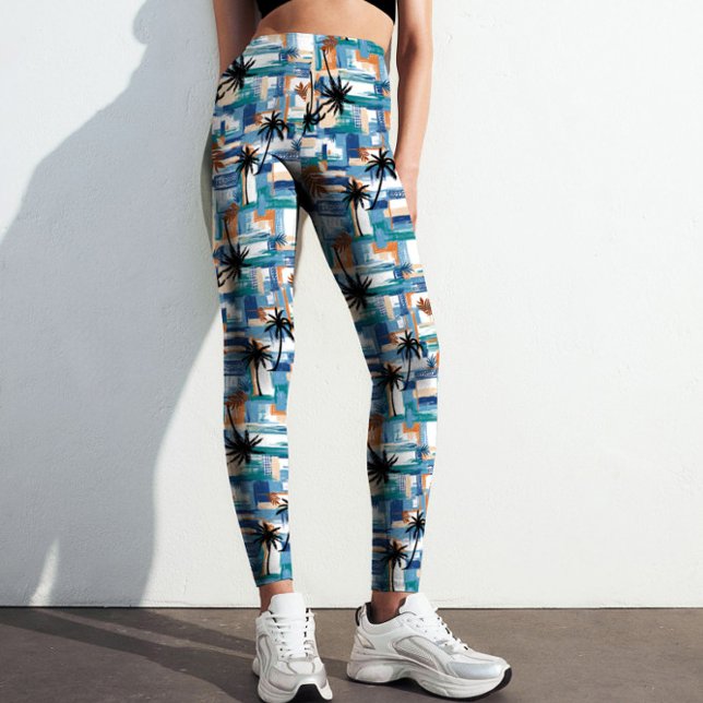 Modern Blue Palm Tropical Checked Abstract Pattern Leggings (Modern Abstract Blue Palm Checked Pattern Printed Leggings for Yoga, Fitness, & Lifestyle.)