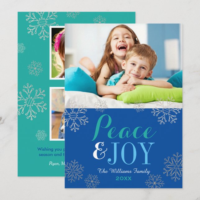 Modern Blue Peace and Joy Snowflake Photo Holiday Card (Front/Back)