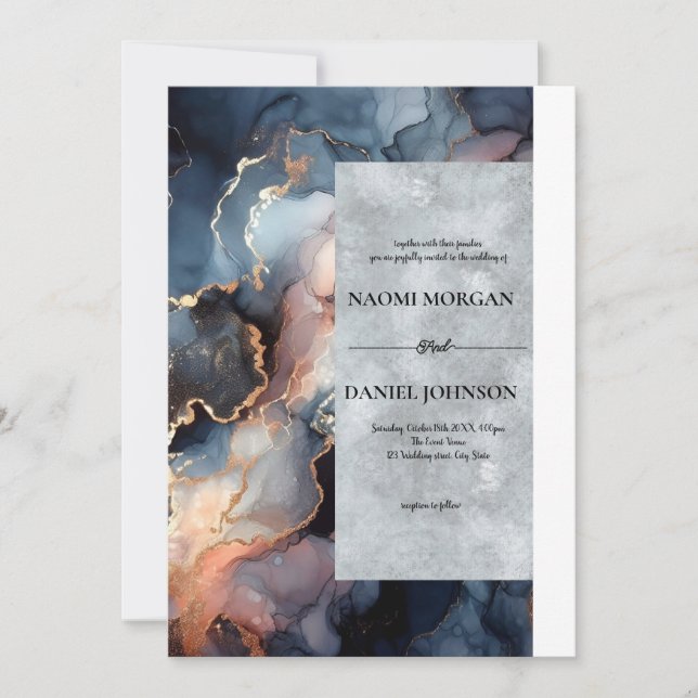 Modern Blue & Peach Marble Agate Invitation (Front)