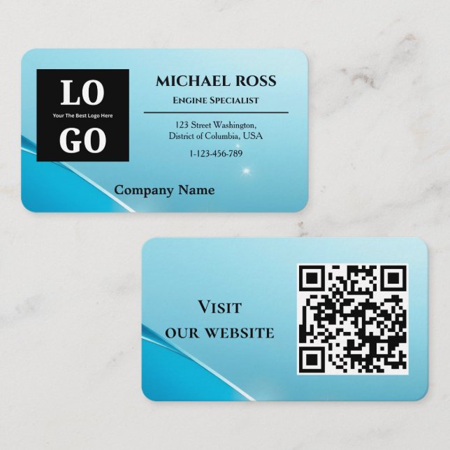Modern Blue Pearlescent Custom Logo and QR Code  Business Card (Front/Back)