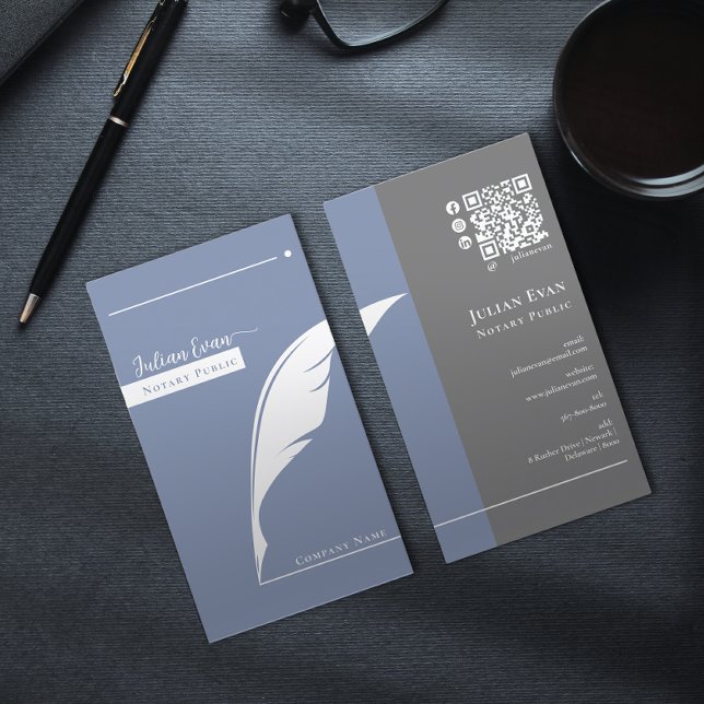 Modern Blue Pen nib Logo Notary Public Qr code Business Card (Creator Uploaded)