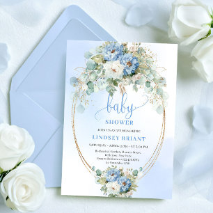 Modern Blue Peony Gold Frame Baby Shower Invite