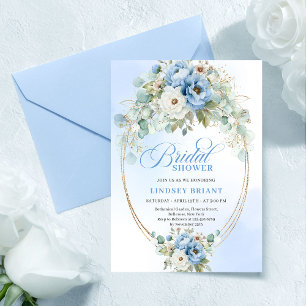 Modern Blue Peony Gold Frame Bridal Shower Invite