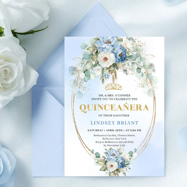 Modern Blue Peony Gold Frame Quinceañera Invite (Modern Blue Peony Gold Frame Quinceañera Invite

)