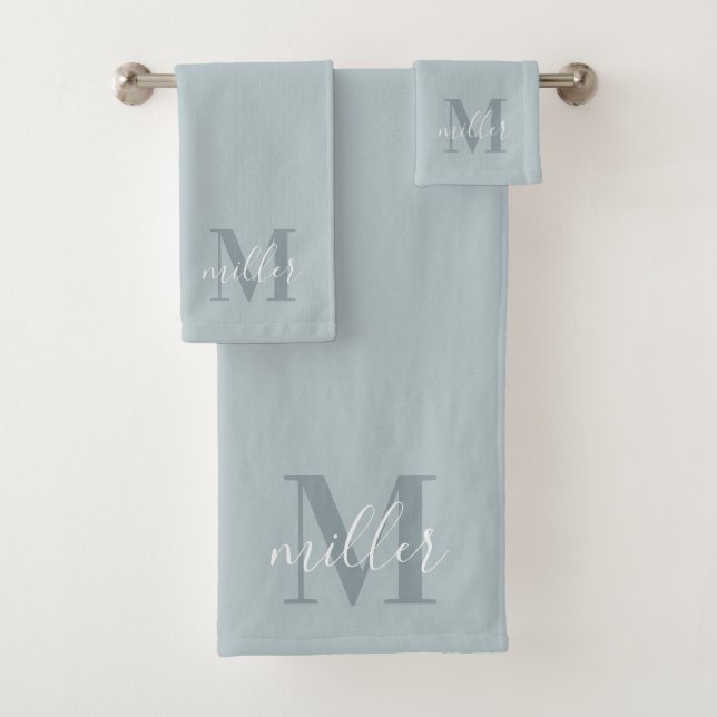 Modern Blue Personalized Family Name Monogram Bath Towel Set (Insitu)